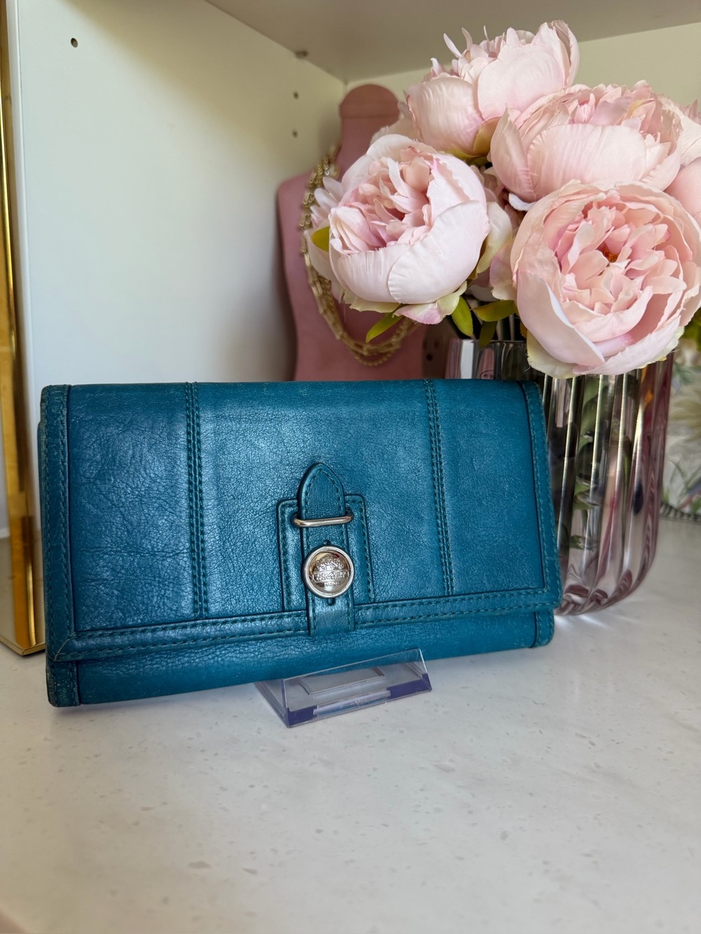 Coach EUC Teal Leather grand 7.5 x 5 Continental Wallet silver hardware